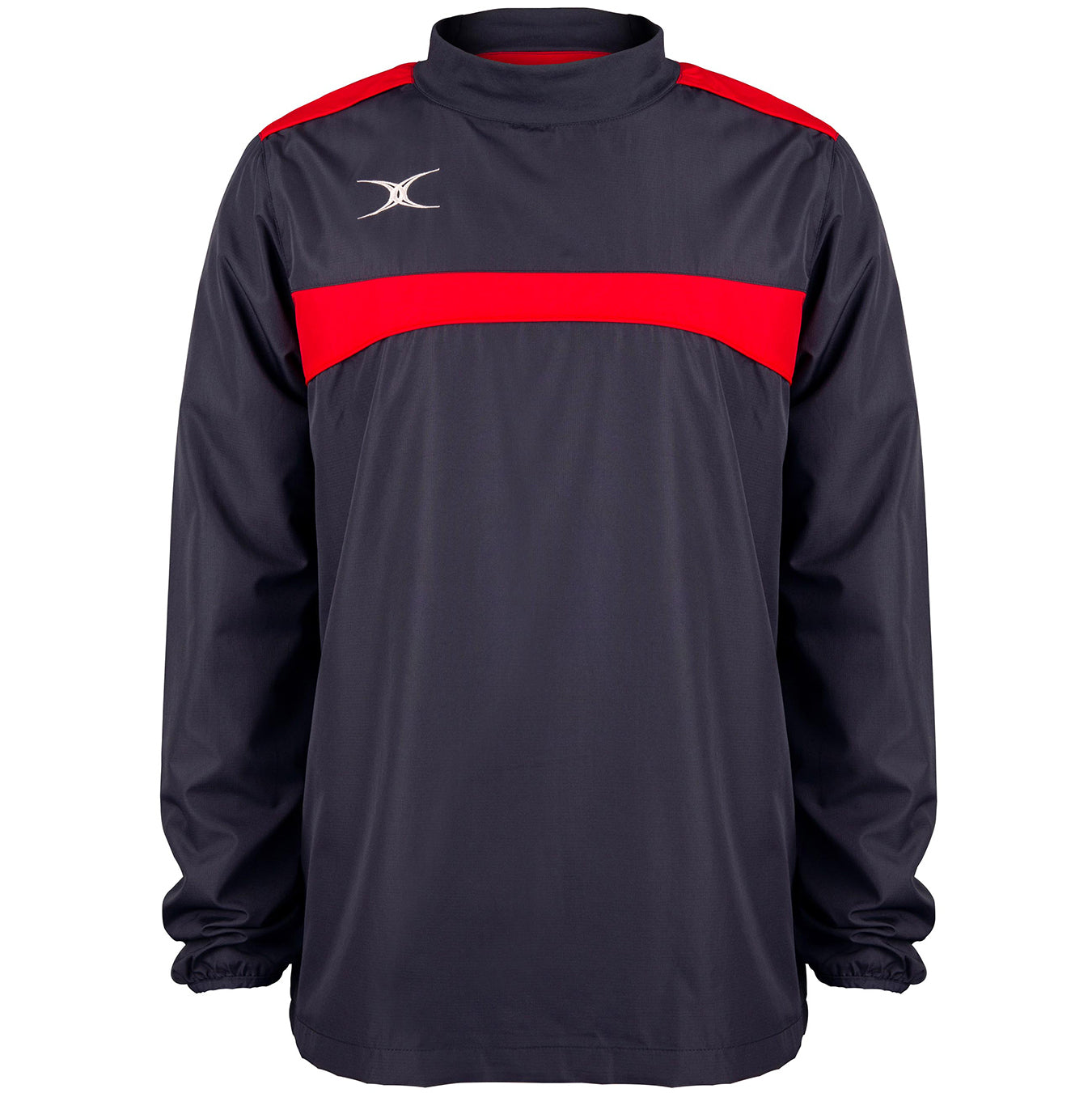 The Gilbert Photon Warm Up Top in Dark Navy/Red is a lightweight training top with a bold red chest stripe, small white shoulder logo, high collar, and elasticated cuffs—ideal for comfort during every workout.