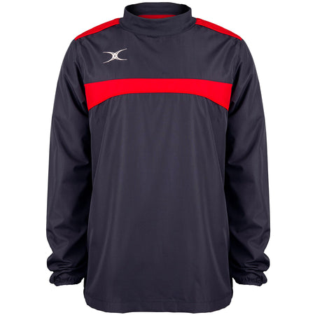 The Gilbert Photon Warm Up Top in Dark Navy/Red is a lightweight training top with a bold red chest stripe, small white shoulder logo, high collar, and elasticated cuffs—ideal for comfort during every workout.