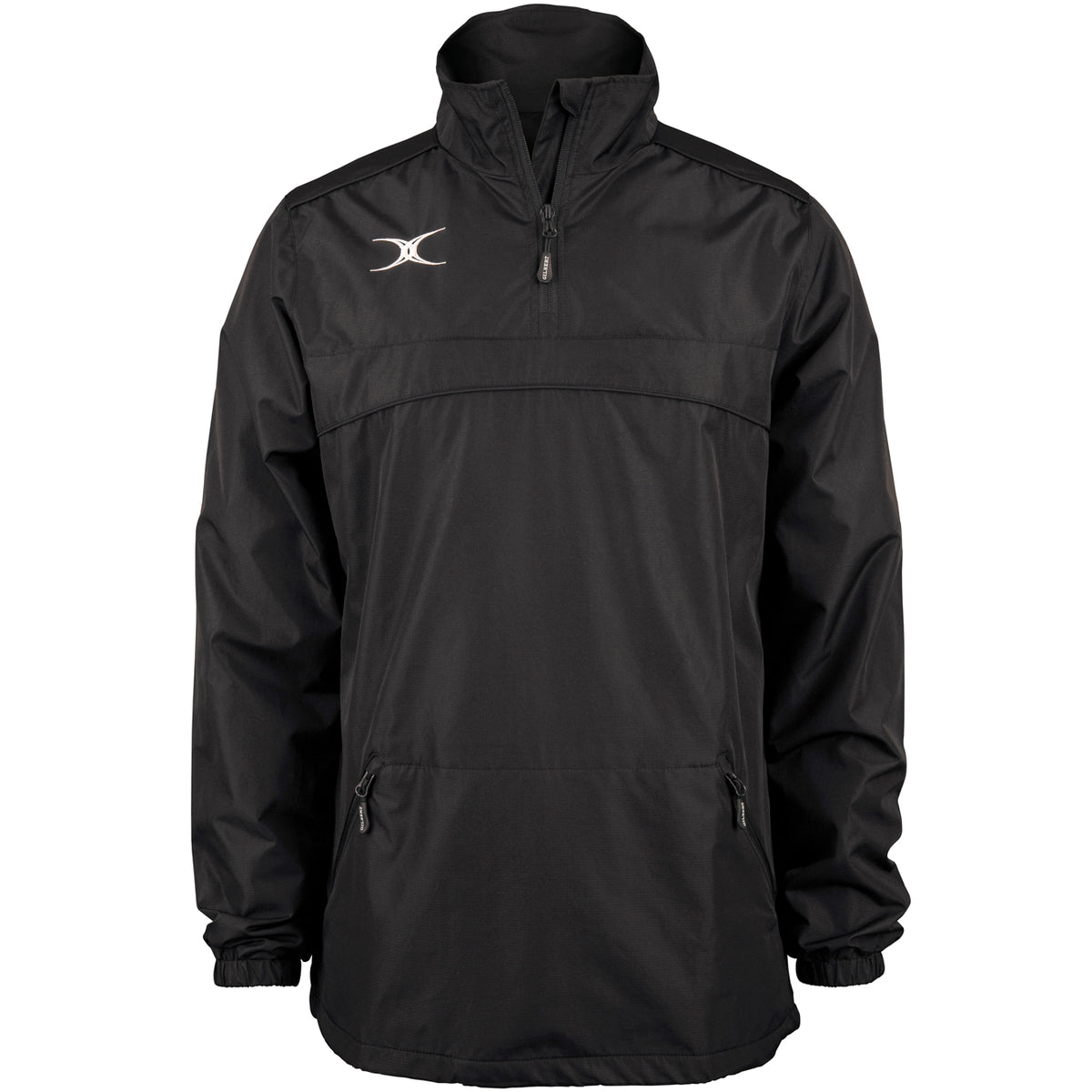 The Gilbert Photon 1/4 Zip Jacket by Gilbert is a black, water-repellent rugby jacket featuring a high collar, two front zippered pockets, elastic cuffs, and a small white logo on the left chest. Displayed on a plain white background.