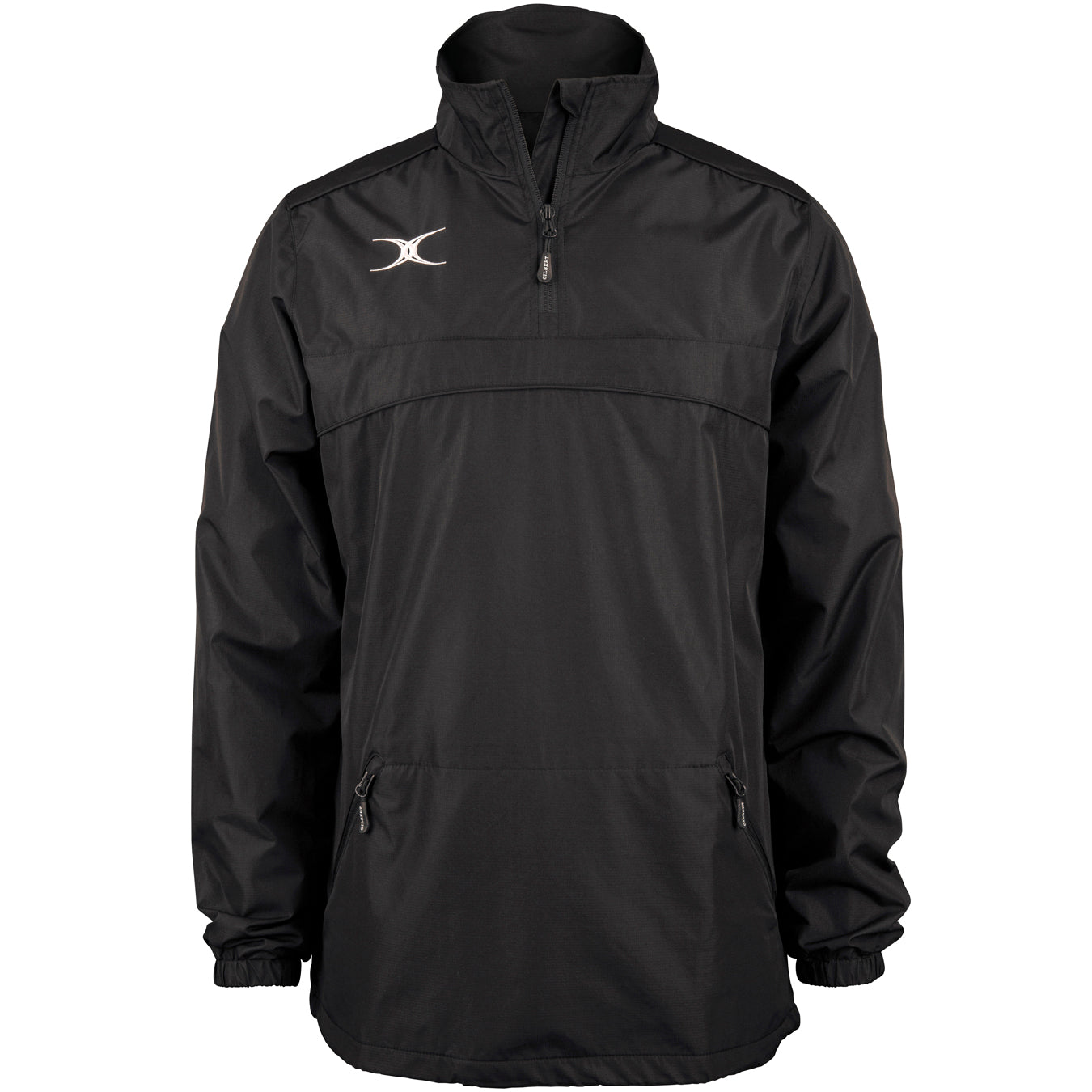 The Gilbert Photon 1/4 Zip Jacket by Gilbert is a black, water-repellent rugby jacket featuring a high collar, two front zippered pockets, elastic cuffs, and a small white logo on the left chest. Displayed on a plain white background.