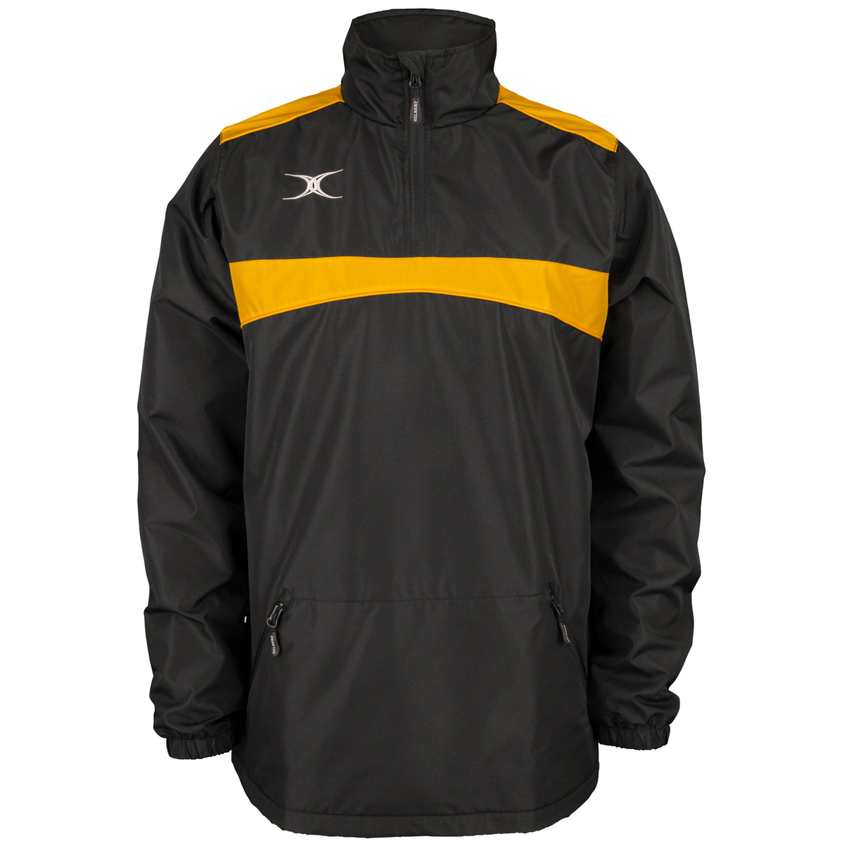 The Gilbert Photon 1/4 Zip Jacket by Gilbert features a black/gold design with a high collar, yellow chest stripe, zippered pockets, elastic cuffs, and a white logo on the upper left chest—ideal as water-repellent rugby warm up outerwear.