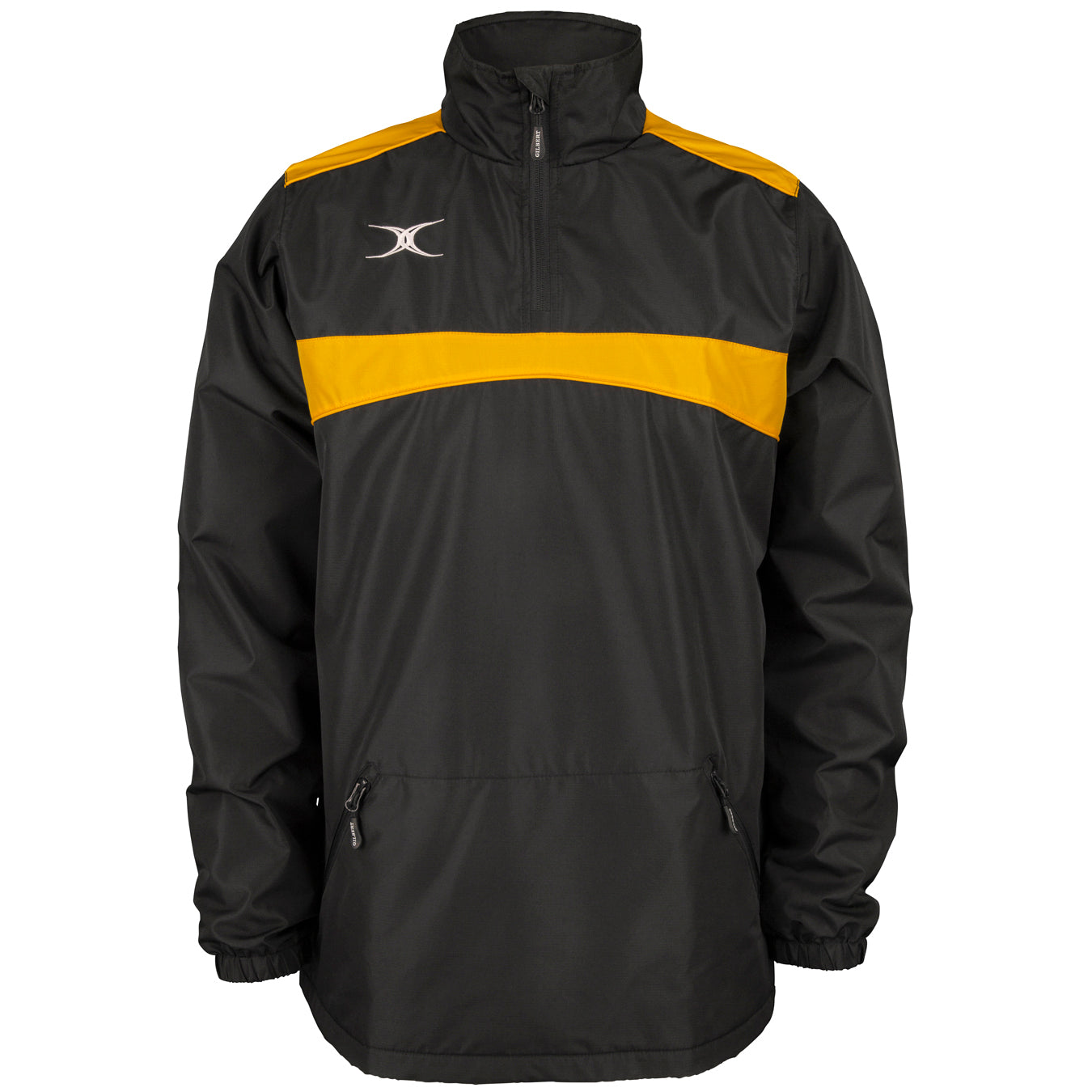 The Gilbert Photon 1/4 Zip Jacket by Gilbert features a black/gold design with a high collar, yellow chest stripe, zippered pockets, elastic cuffs, and a white logo on the upper left chest—ideal as water-repellent rugby warm up outerwear.