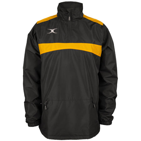 The Gilbert Photon 1/4 Zip Jacket by Gilbert features a black/gold design with a high collar, yellow chest stripe, zippered pockets, elastic cuffs, and a white logo on the upper left chest—ideal as water-repellent rugby warm up outerwear.