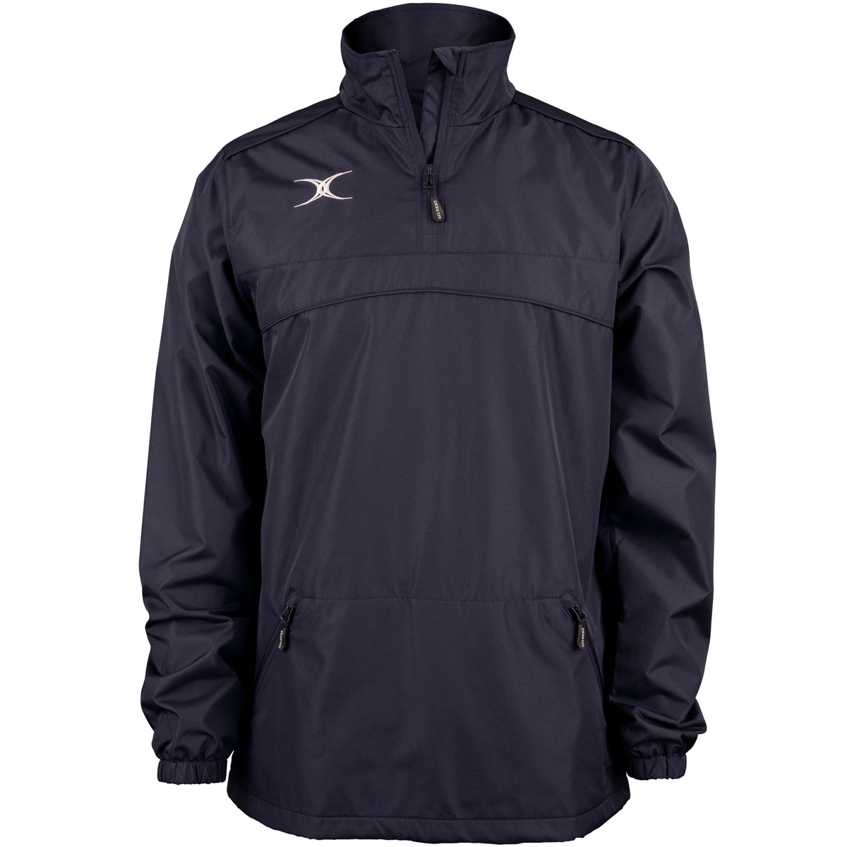 The Gilbert Photon 1/4 Zip Jacket by Gilbert is a dark navy, long-sleeve water-repellent jacket with a front quarter zipper, two zippered side pockets, elastic cuffs, and a small white logo on the upper left chest—ideal for warm-ups.