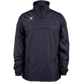 The Gilbert Photon 1/4 Zip Jacket by Gilbert is a dark navy, long-sleeve water-repellent jacket with a front quarter zipper, two zippered side pockets, elastic cuffs, and a small white logo on the upper left chest—ideal for warm-ups.