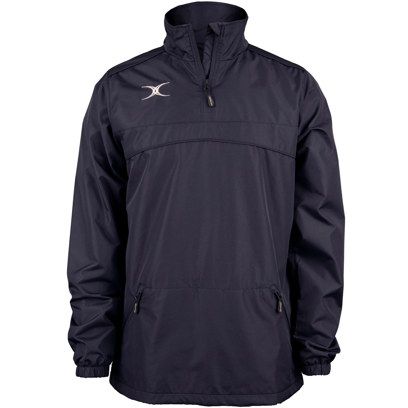 The Gilbert Photon 1/4 Zip Jacket by Gilbert is a dark navy, long-sleeve water-repellent jacket with a front quarter zipper, two zippered side pockets, elastic cuffs, and a small white logo on the upper left chest—ideal for warm-ups.
