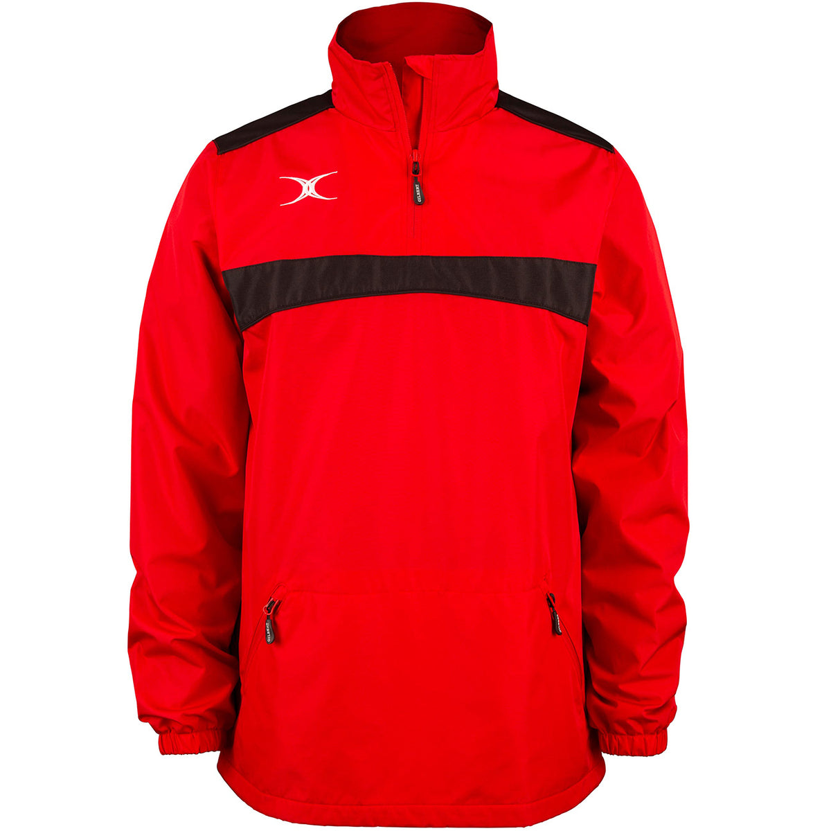 The Gilbert Photon 1/4 Zip Jacket by Gilbert features a red/black design with black chest accents, half-zip front, two zippered side pockets, elastic cuffs, and a white logo—ideal sporty day outerwear.