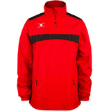 The Gilbert Photon 1/4 Zip Jacket by Gilbert features a red/black design with black chest accents, half-zip front, two zippered side pockets, elastic cuffs, and a white logo—ideal sporty day outerwear.