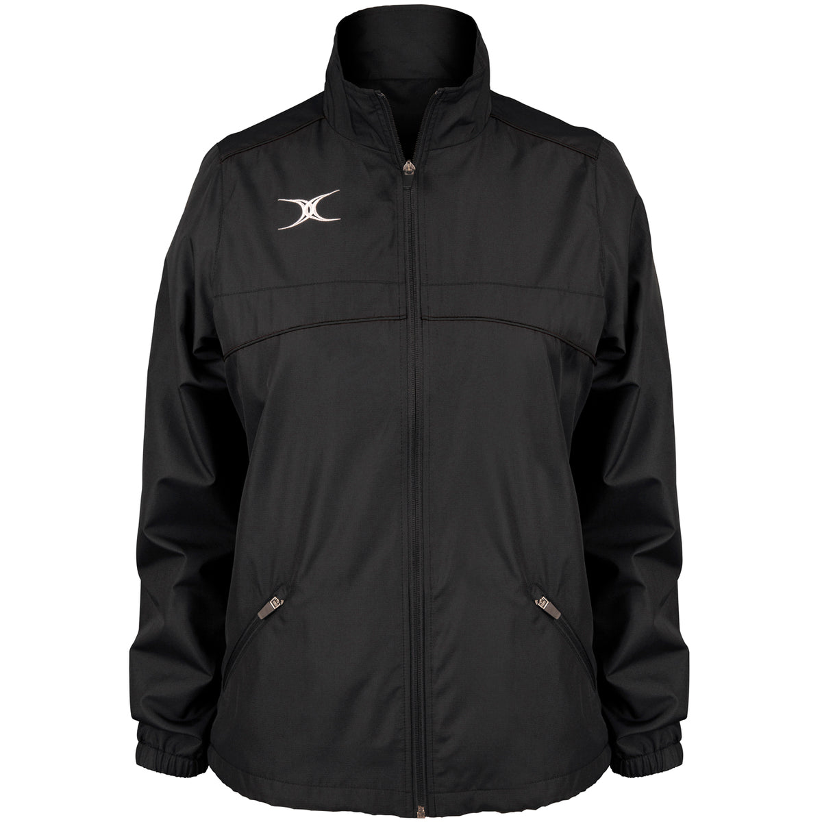 The Gilbert Photon Womens Full Zip Jacket by Gilbert features long sleeves, water-repellent fabric, two front zippered pockets, a stand-up collar, and a white embroidered logo—perfect for women's rugby fans.