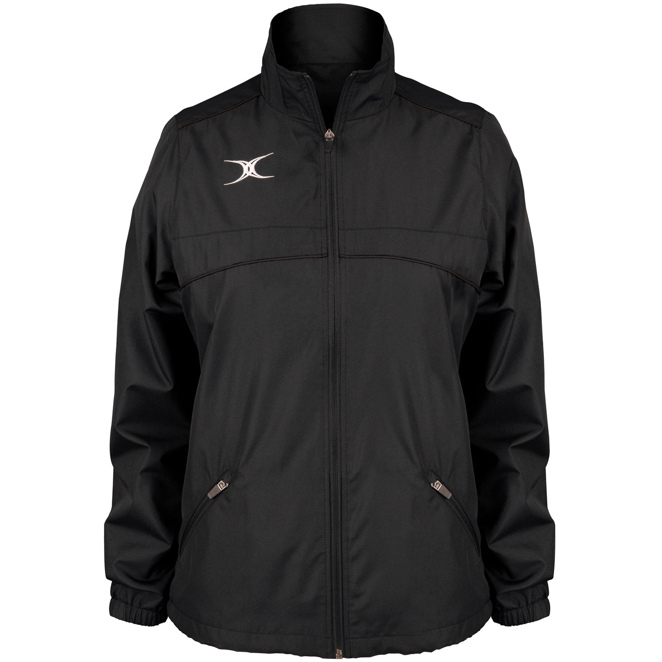 The Gilbert Photon Womens Full Zip Jacket by Gilbert features long sleeves, water-repellent fabric, two front zippered pockets, a stand-up collar, and a white embroidered logo—perfect for women's rugby fans.