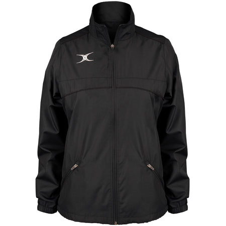 The Gilbert Photon Womens Full Zip Jacket by Gilbert features long sleeves, water-repellent fabric, two front zippered pockets, a stand-up collar, and a white embroidered logo—perfect for women's rugby fans.