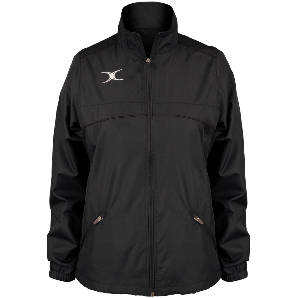 The Gilbert Photon Womens Full Zip Jacket by Gilbert features long sleeves, water-repellent fabric, two front zippered pockets, a stand-up collar, and a white embroidered logo—perfect for women's rugby fans.
