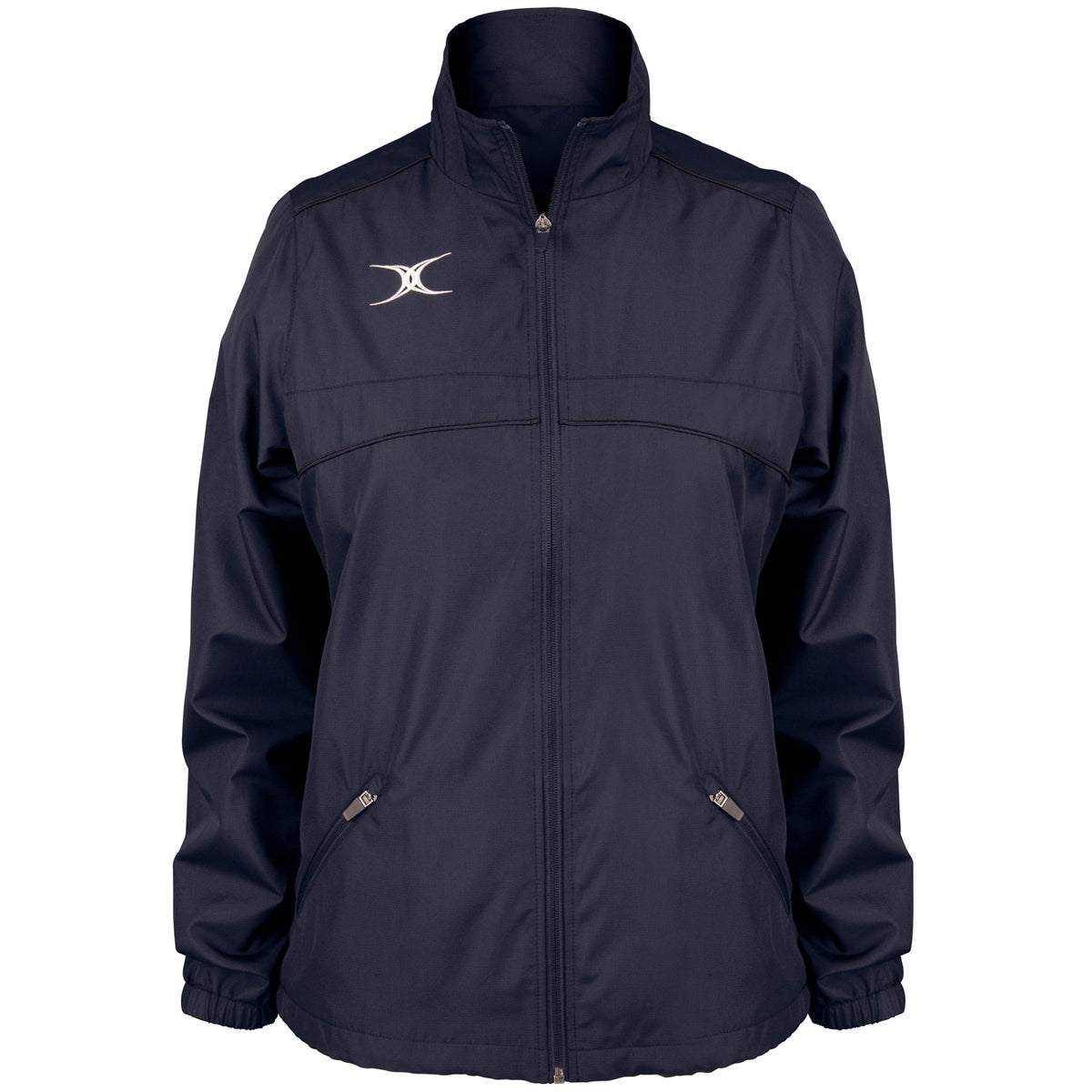 The Gilbert Photon Women's Full Zip Jacket by Gilbert is a navy blue rugby jacket featuring a high collar, two front zippered pockets, and a white abstract logo on the left chest. Shown on a plain white background.