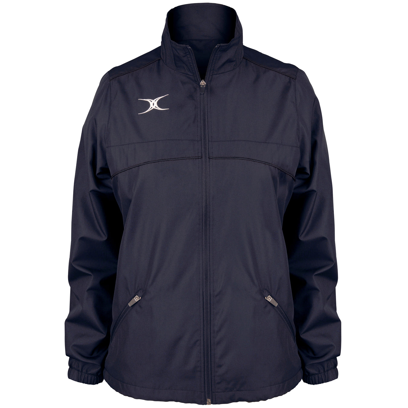 The Gilbert Photon Women's Full Zip Jacket by Gilbert is a navy blue rugby jacket featuring a high collar, two front zippered pockets, and a white abstract logo on the left chest. Shown on a plain white background.