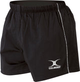 Gilbert Match Shorts by Gilbert—black athletic rugby shorts with elastic waistband and white piping, featuring the Gilbert logo near the left leg hem; ideal performance sportswear for intense games.