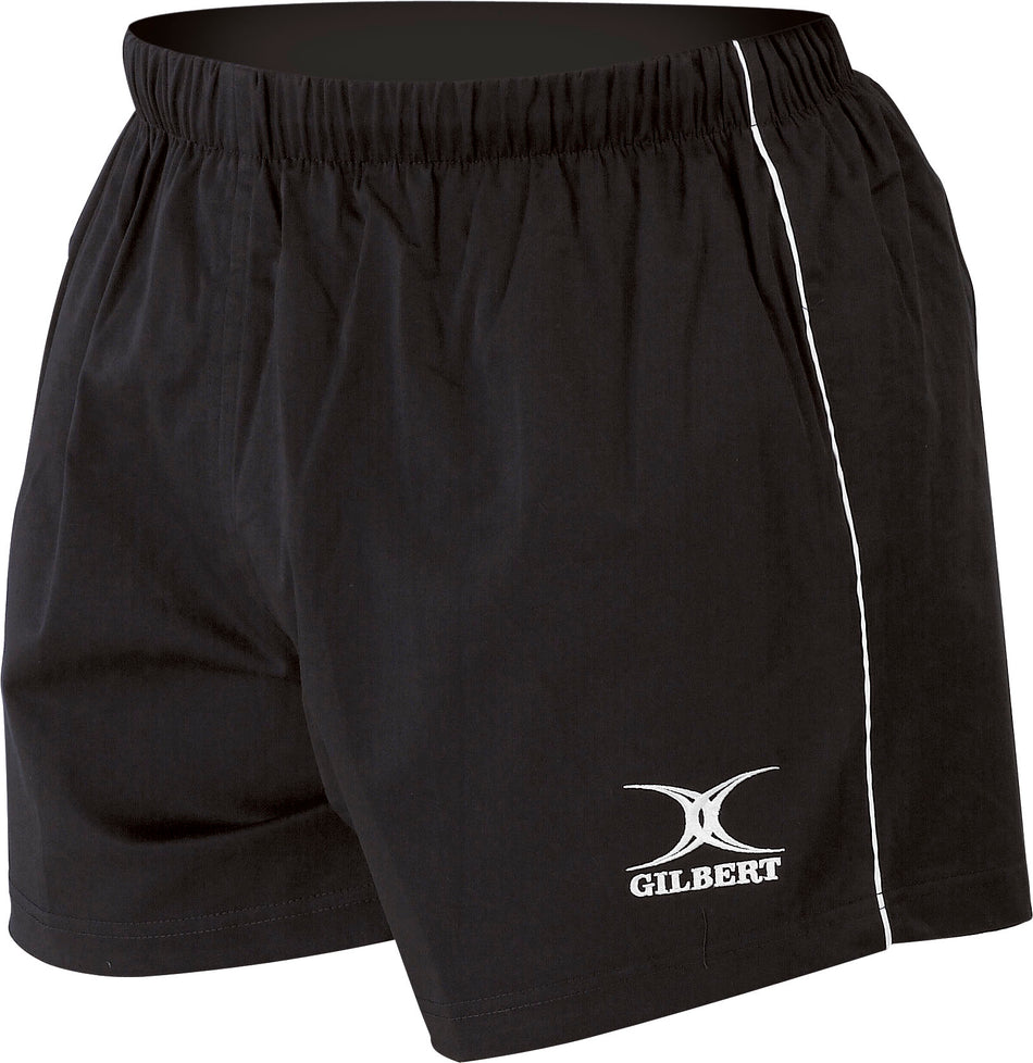 Gilbert Match Shorts by Gilbert—black athletic rugby shorts with elastic waistband and white piping, featuring the Gilbert logo near the left leg hem; ideal performance sportswear for intense games.