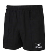 The Gilbert Kiwi Pro Rugby Short by Gilbert is black with an elastic waistband and features the white Gilbert logo on the lower left leg. Made from durable sportswear fabric, these plain shorts have no extra patterns or designs.