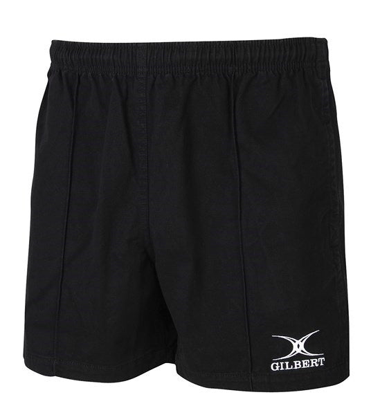 The Gilbert Kiwi Pro Rugby Short by Gilbert is black with an elastic waistband and features the white Gilbert logo on the lower left leg. Made from durable sportswear fabric, these plain shorts have no extra patterns or designs.