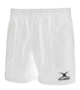The Gilbert Kiwi Pro Rugby Short by Gilbert comes in white, made from durable sportswear fabric with an elastic waistband and a black Gilbert logo on the lower right corner.