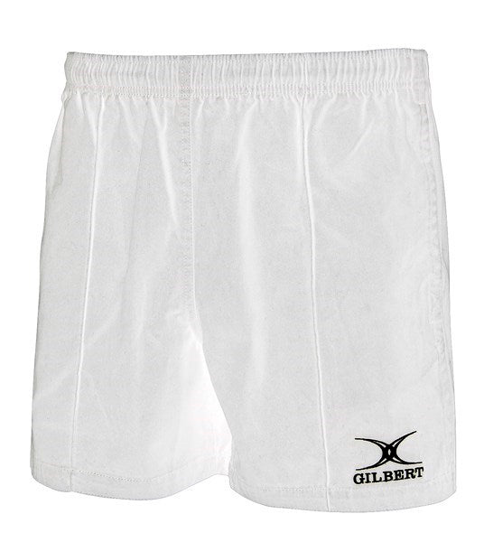The Gilbert Kiwi Pro Rugby Short by Gilbert comes in white, made from durable sportswear fabric with an elastic waistband and a black Gilbert logo on the lower right corner.