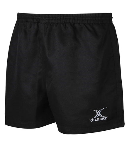 The Gilbert Saracen Short is a pair of junior black rugby shorts featuring an elastic waistband and the white Gilbert logo on the lower left leg.
