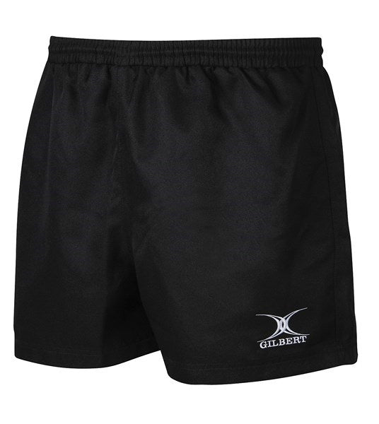 The Gilbert Saracen Short is a pair of junior black rugby shorts featuring an elastic waistband and the white Gilbert logo on the lower left leg.