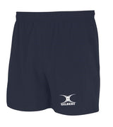 The Gilbert Saracen Short by Gilbert features a black lightweight design, an elastic waistband, and the white Gilbert logo printed on the lower left leg.
