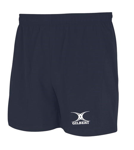 The Gilbert Saracen Short by Gilbert features a black lightweight design, an elastic waistband, and the white Gilbert logo printed on the lower left leg.