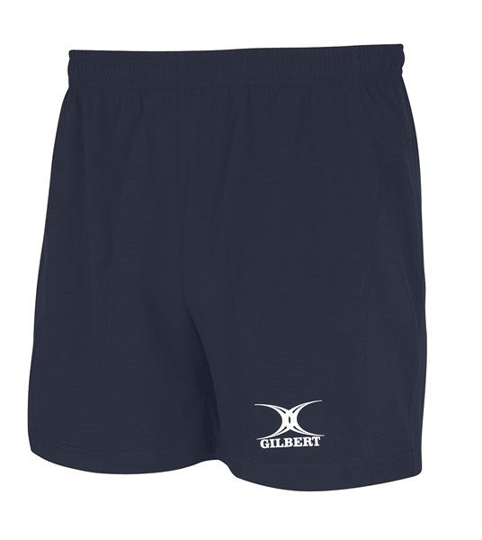 The Gilbert Saracen Short by Gilbert features a black lightweight design, an elastic waistband, and the white Gilbert logo printed on the lower left leg.