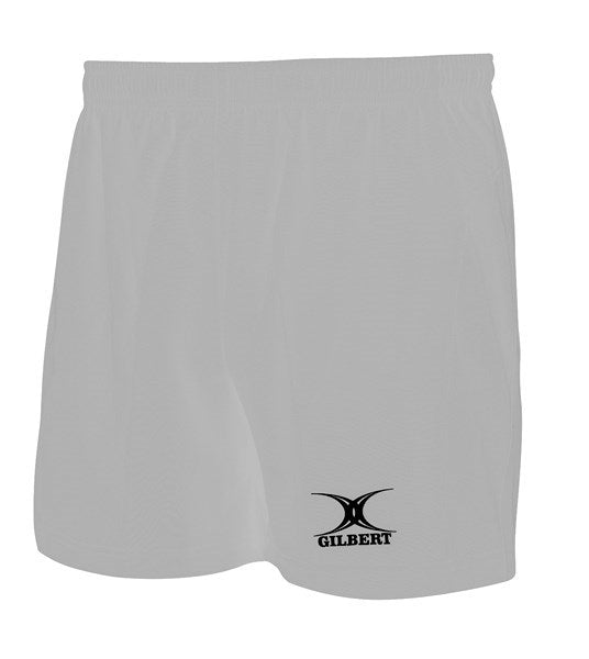 The Gilbert Saracen Short by Gilbert features a plain white lightweight design with an elastic waistband and a black Gilbert logo on the lower left front, making it ideal for training or match play.