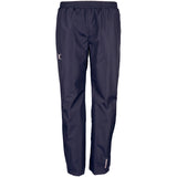 The Gilbert Photon Training Trouser by Gilbert is a navy blue, lightweight over trouser with an elastic waistband, straight legs, breathable water-repellent fabric, and subtle reflective logos on the thigh and lower leg.