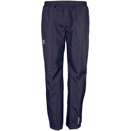 The Gilbert Photon Training Trouser by Gilbert is a navy blue, lightweight over trouser with an elastic waistband, straight legs, breathable water-repellent fabric, and subtle reflective logos on the thigh and lower leg.