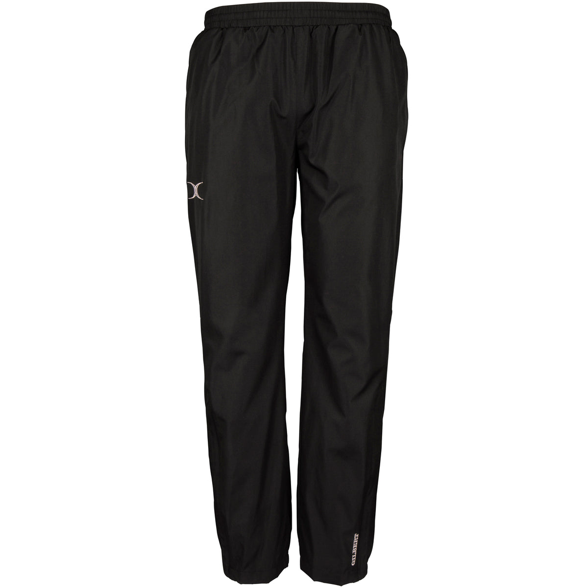 The Gilbert Photon Womens Training Trouser in black features an elastic waistband, straight legs, and subtle branding. Made from breathable fabric, these pants are ideal for women’s rugby training. Shown against a white background.