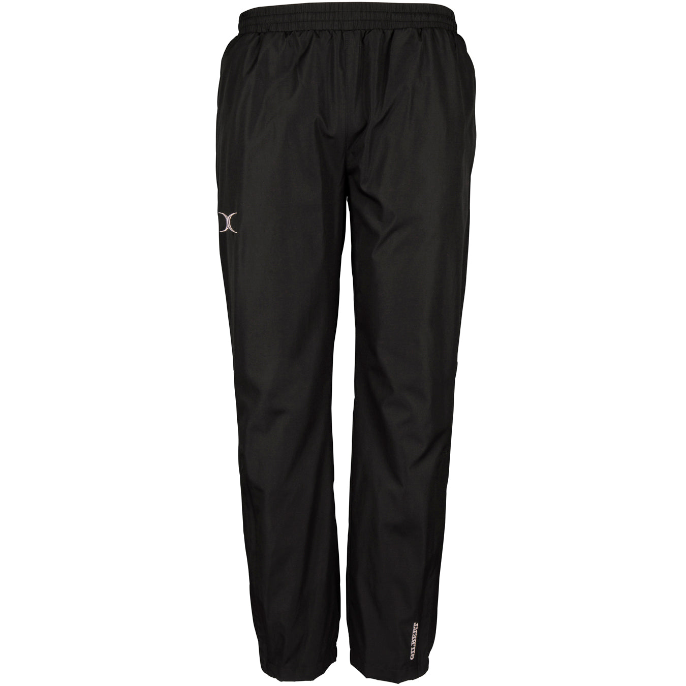 The Gilbert Photon Womens Training Trouser in black features an elastic waistband, straight legs, and subtle branding. Made from breathable fabric, these pants are ideal for women’s rugby training. Shown against a white background.