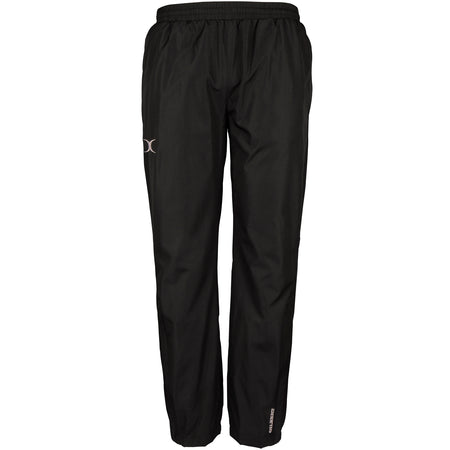 The Gilbert Photon Womens Training Trouser in black features an elastic waistband, straight legs, and subtle branding. Made from breathable fabric, these pants are ideal for women’s rugby training. Shown against a white background.