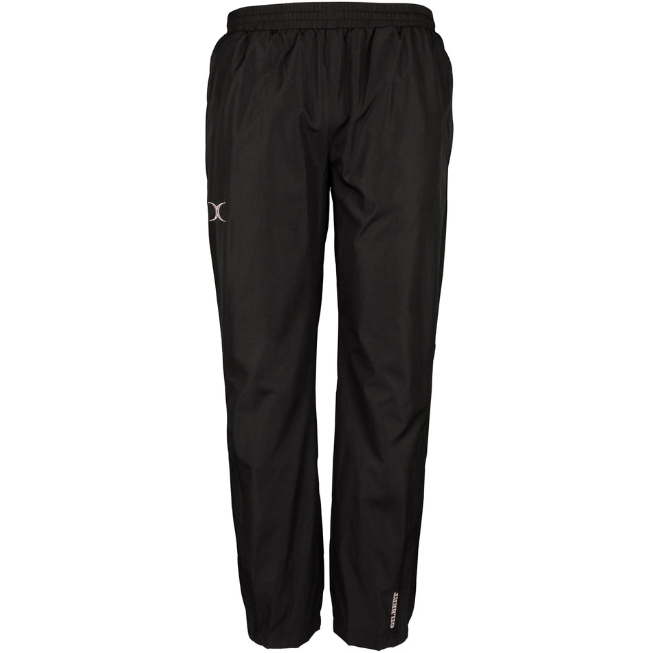 The Gilbert Photon Womens Training Trouser in black features an elastic waistband, straight legs, and subtle branding. Made from breathable fabric, these pants are ideal for women’s rugby training. Shown against a white background.