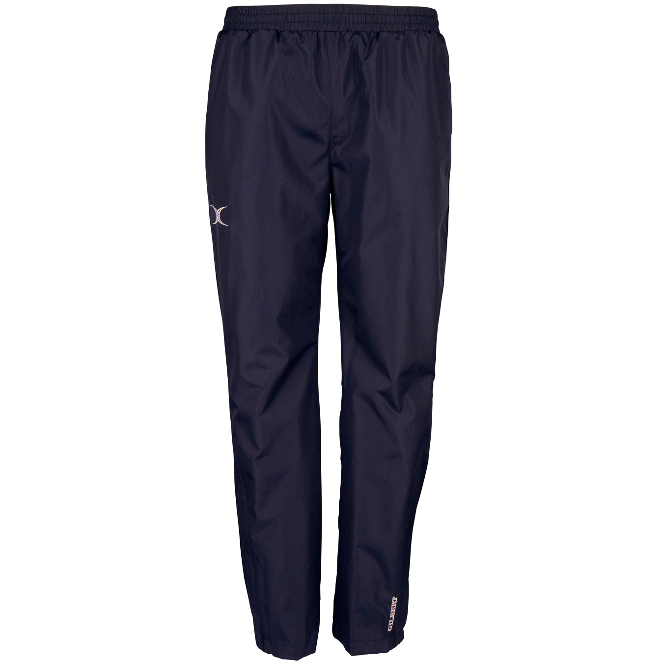 The Gilbert Photon Womens Training Trouser in navy features a waterproof, breathable fabric, elastic waistband, straight legs, and reflective logos—perfect for women’s rugby apparel collections.