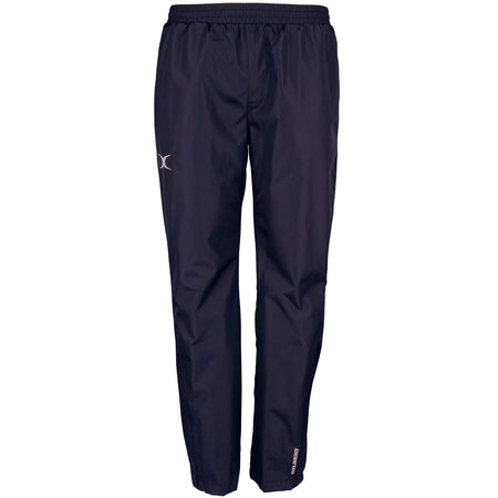 The Gilbert Photon Womens Training Trouser in navy features a waterproof, breathable fabric, elastic waistband, straight legs, and reflective logos—perfect for women’s rugby apparel collections.