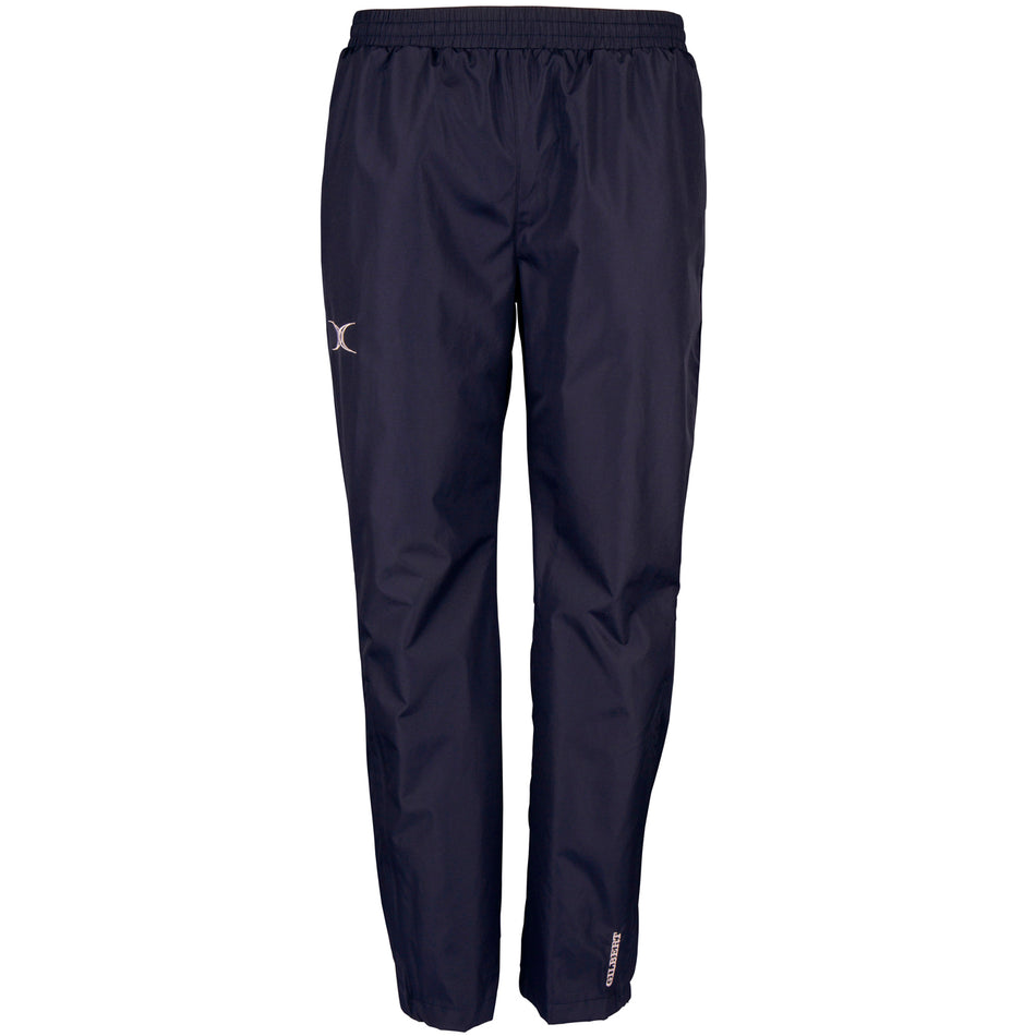 The Gilbert Photon Womens Training Trouser in navy features a waterproof, breathable fabric, elastic waistband, straight legs, and reflective logos—perfect for women’s rugby apparel collections.