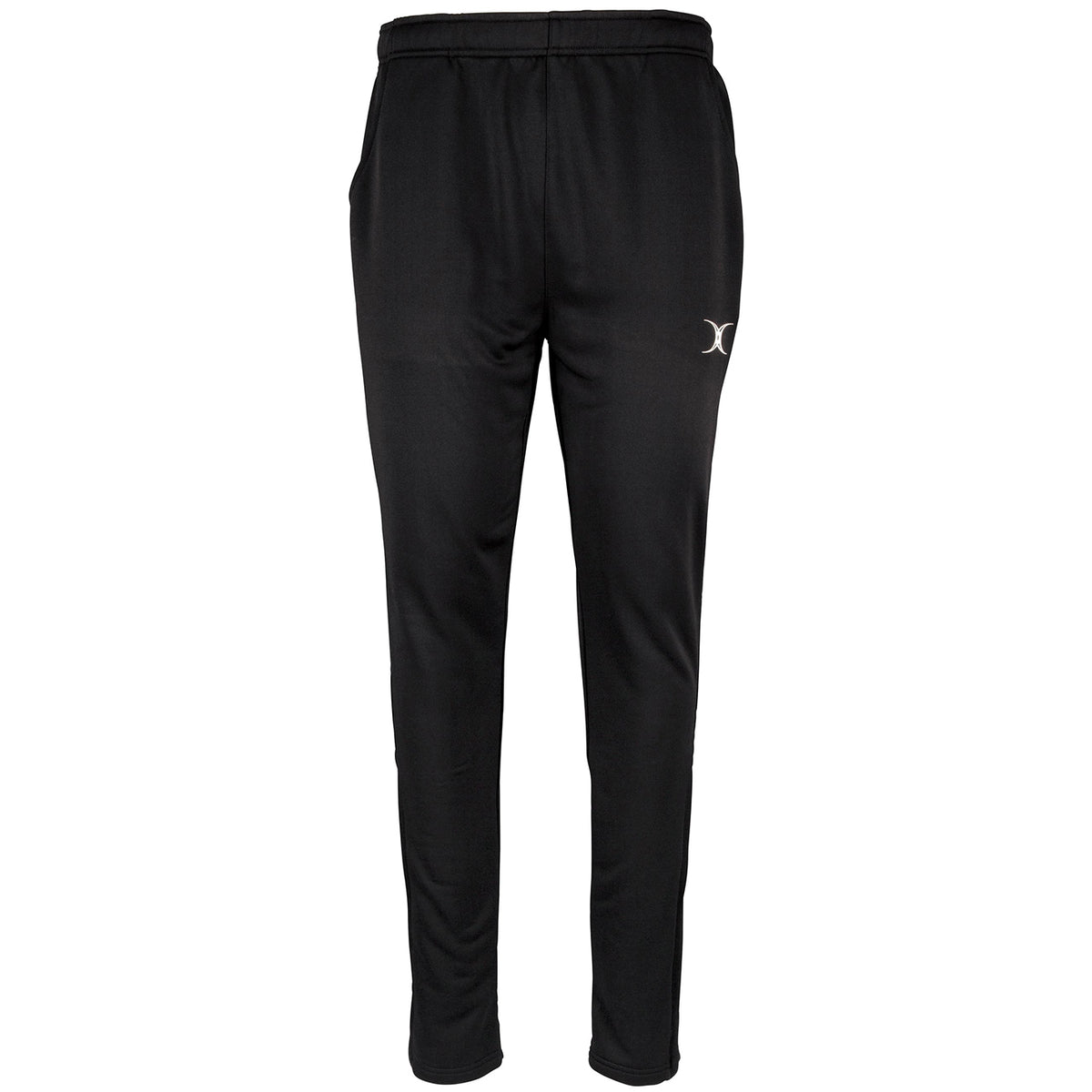 The Gilbert Quest Training Trouser by Gilbert is a black polyester athletic pant with an elastic waistband, tapered legs, side pockets, and a small white logo on the left thigh for moisture management and comfort.