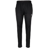 The Gilbert Quest Training Trouser by Gilbert is a black polyester athletic pant with an elastic waistband, tapered legs, side pockets, and a small white logo on the left thigh for moisture management and comfort.