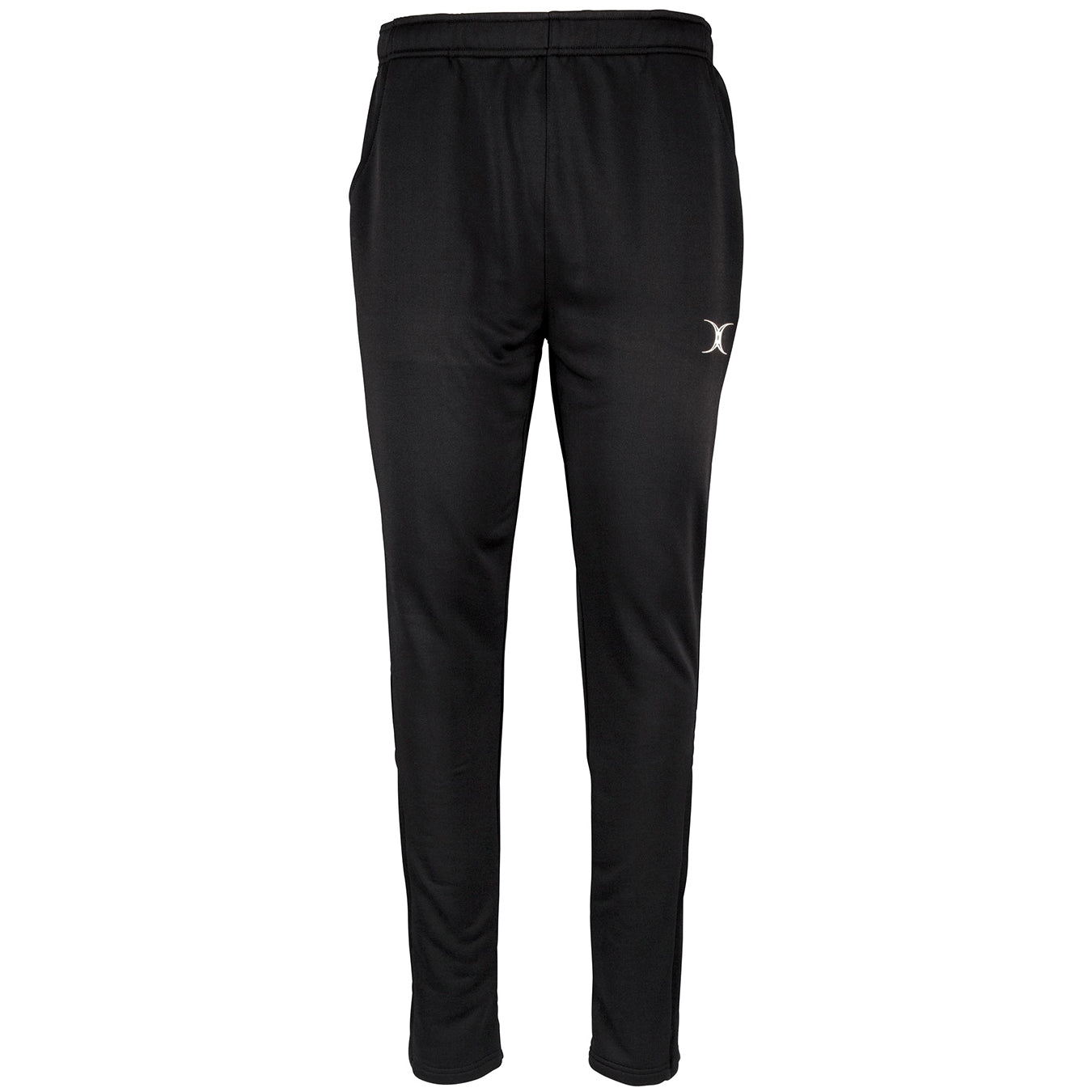 The Gilbert Quest Training Trouser by Gilbert is a black polyester athletic pant with an elastic waistband, tapered legs, side pockets, and a small white logo on the left thigh for moisture management and comfort.