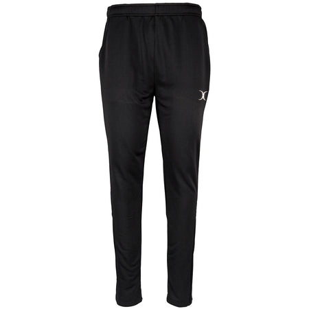 The Gilbert Quest Training Trouser by Gilbert is a black polyester athletic pant with an elastic waistband, tapered legs, side pockets, and a small white logo on the left thigh for moisture management and comfort.