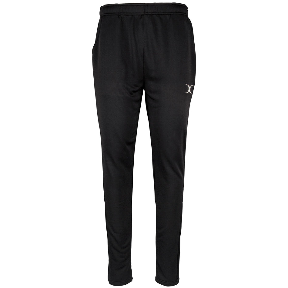 The Gilbert Quest Training Trouser by Gilbert is a black polyester athletic pant with an elastic waistband, tapered legs, side pockets, and a small white logo on the left thigh for moisture management and comfort.
