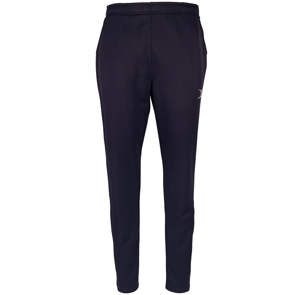 The Gilbert Quest Training Trouser by Gilbert is a pair of black, slim-fit polyester track pants with an elastic waistband and side pockets, designed for moisture management, shown against a white background.