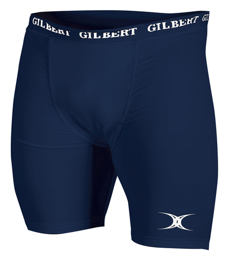 The Gilbert Thermo II Undershort by Gilbert is a navy blue, fitted compression short featuring a white Gilbert logo on the waistband and a white emblem on the lower left thigh, providing support and comfort for intense training or matches.