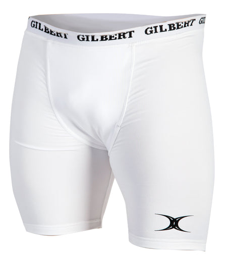 The Gilbert Thermo II Undershort is a white athletic compression short with a black Gilbert logo repeated on the waistband and a small black and white logo on the left thigh, perfect as rugby under shorts. Shown against a plain white background.