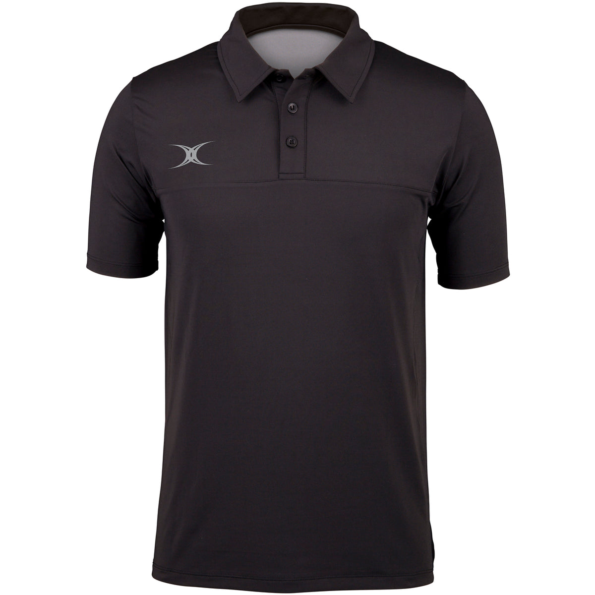 The Gilbert Pro Tech Polo by Gilbert is a black short-sleeve polo with a collar, three buttons, moisture-wicking fabric, and a small white abstract logo on the left chest—ideal for stylish off-field wear.