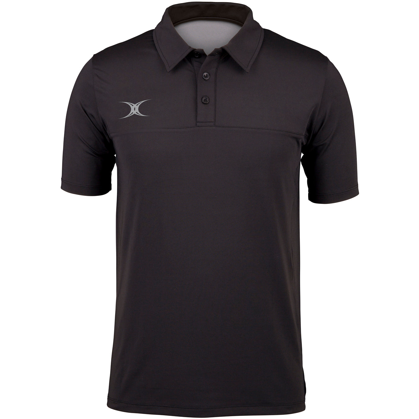 The Gilbert Pro Tech Polo by Gilbert is a black short-sleeve polo with a collar, three buttons, moisture-wicking fabric, and a small white abstract logo on the left chest—ideal for stylish off-field wear.
