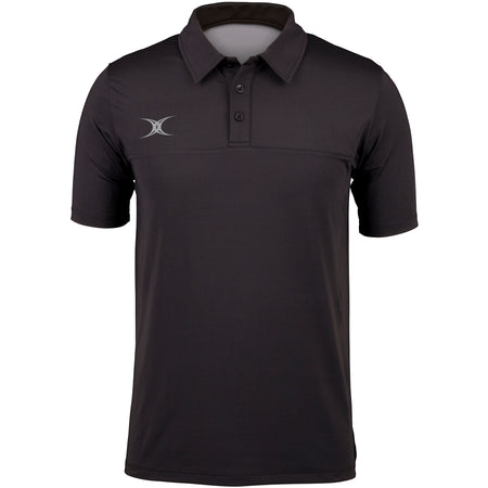 The Gilbert Pro Tech Polo by Gilbert is a black short-sleeve polo with a collar, three buttons, moisture-wicking fabric, and a small white abstract logo on the left chest—ideal for stylish off-field wear.